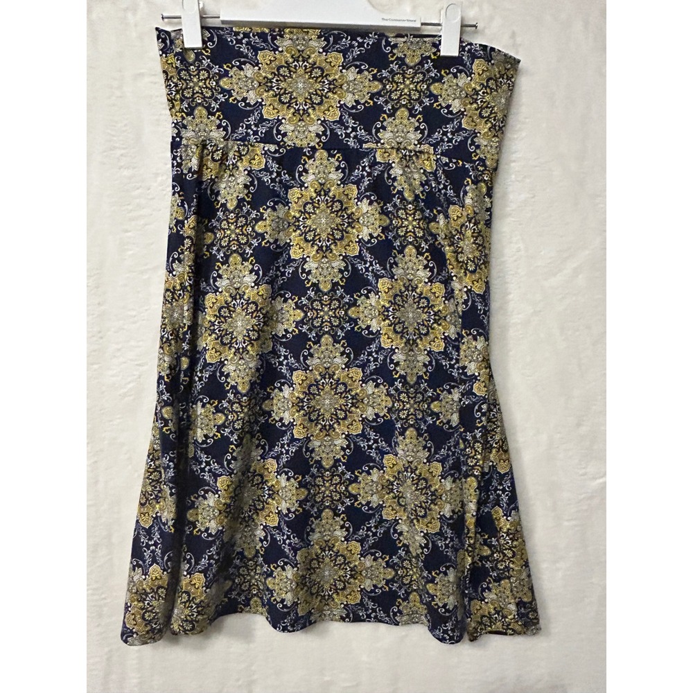 Colette Womens Navy Blue Yellow Medallion Print‎ A-Line Midi Skirt Size M